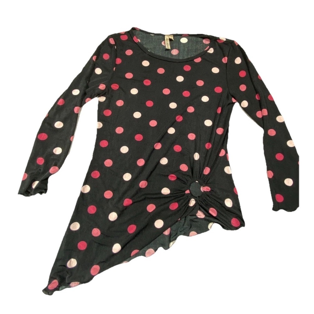 Susan Lawrence Top Womens Medium Black Polka Dot Ruched Stretch Asymmetrical Hem